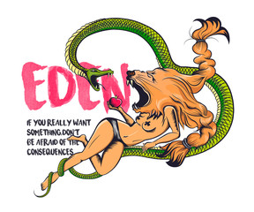 Vector print for t-shirt with illustration and aphorism. The woman with the head of a lion holds an apple in her hand, and the serpent tempts against her. On the background of the inscription - Eden.