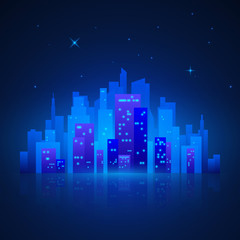 City Landscape. Futuristic Night City Lights. City Silhouette on Blue Background. Vector illustration
