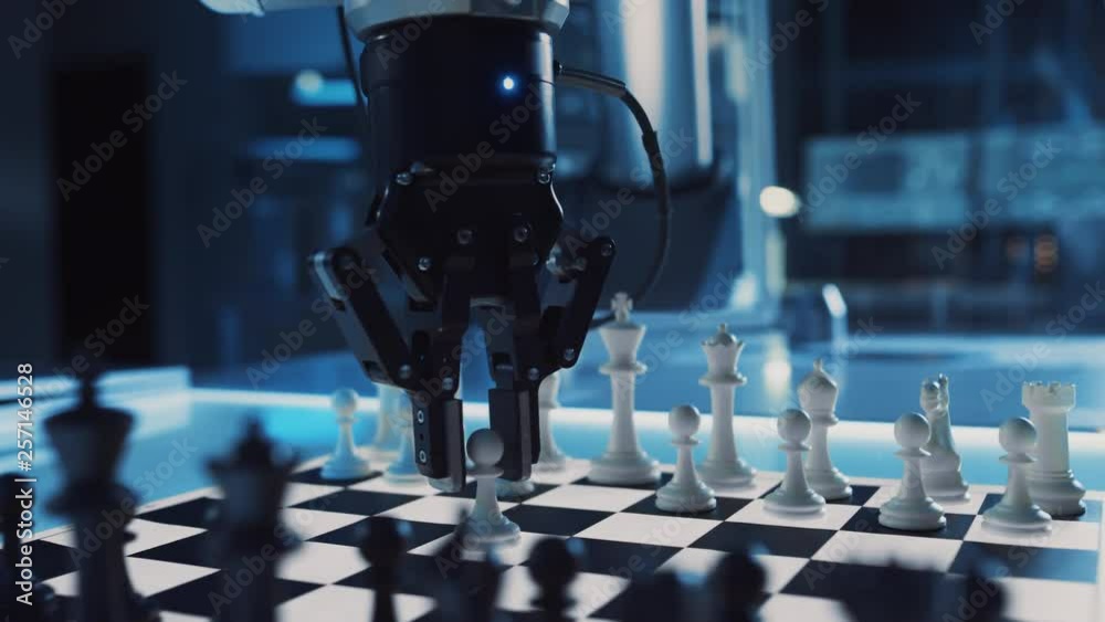 Poster Close Up Shot of a Artificial Intelligence Operating a Futuristic Robotic Arm in a Game of Chess Against a Human. Robot Moves a Pawn. They are in a High Tech Modern Research Laboratory.