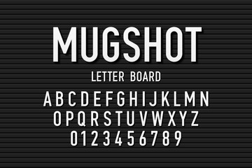 Police mugshot letter board style font, changeable alphabet letters and numbers - obrazy, fototapety, plakaty