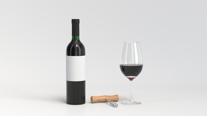 Mockup of bottle of wine with glass and corkscrew