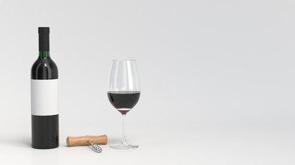 Mockup of bottle of wine with glass and corkscrew