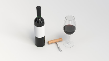 Mockup of bottle of wine with glass and corkscrew