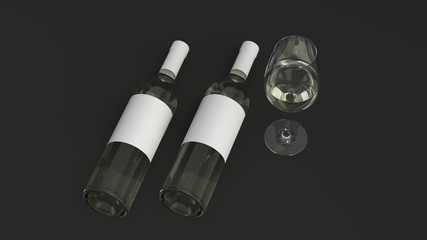 Mockup of two bottles of white wine with glass