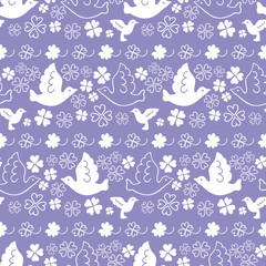 Seamless clover and birds pattern. Purple background. Vector illustration.
