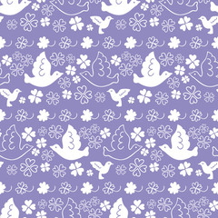 Seamless clover and birds pattern. Purple background. Vector illustration.