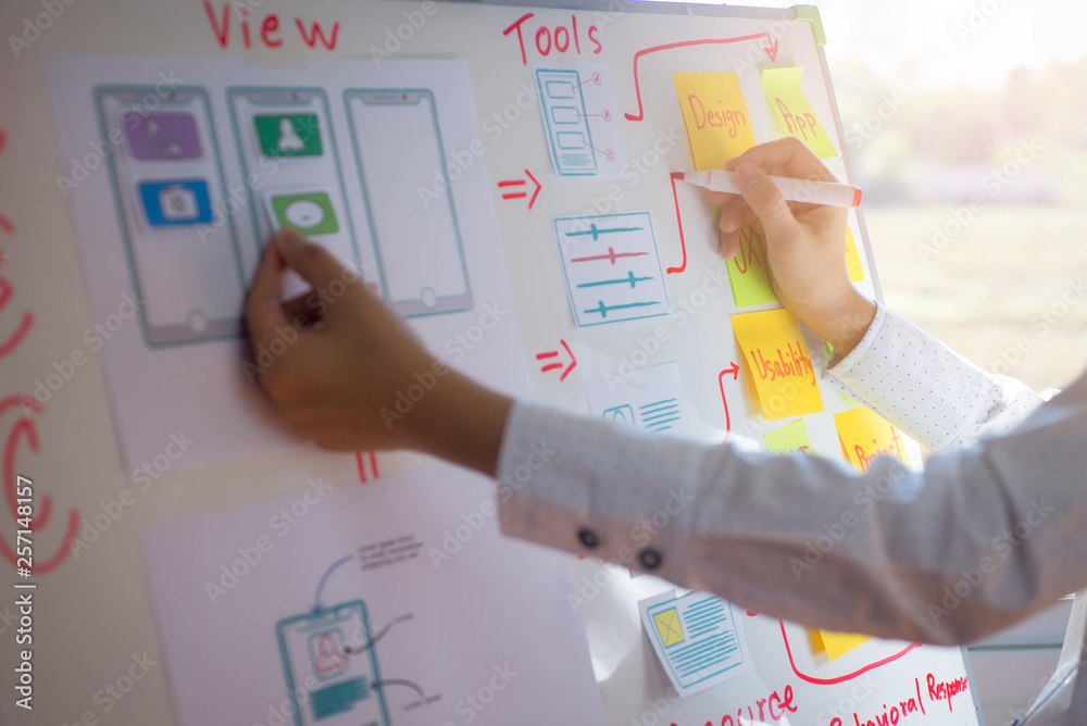 Wall mural closeup hand of designer woman sort layout of drawing application for developing for mobile applicat