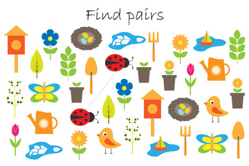 Find pairs of identical pictures, fun education game with spring garden theme for children, preschool worksheet activity for kids, task for the development of logical thinking, vector illustration - 257148773