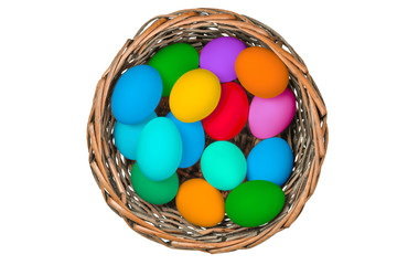 Easter Eggs in a Wicker Basket. Isolated on White Background.