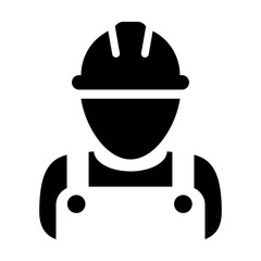 Industry worker icon vector male construction service person profile avatar with hardhat helmet and jacket in glyph pictogram illustration