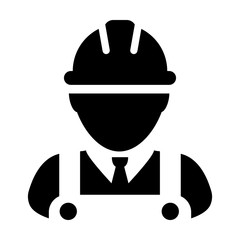 Supervisor icon vector male construction worker person profile avatar with hardhat helmet and jacket in glyph pictogram illustration