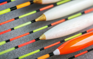 many different fishing floats in the box. fishing tackle and accessories for catching Herabuna