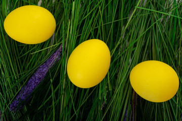 Fototapeta na wymiar Easter eggs on fake grass