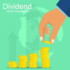 Divident flat vector design illustration, improving profit, hand holding coin