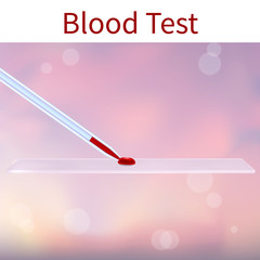 Blood test. Vector medical illustration. Droplet, capillary tube, slide. Pink abstract background.