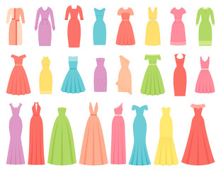 Fototapeta premium Dress for women. Vector. Evening, cocktail and business dresses. Dress apparel set isolated. Girl clothing in flat design. Cartoon illustration. Female textile garment silhouette on white background.