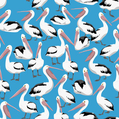 Cotton fabric Seamless pattern. Pelicans in different poses on a blue background. Realistic vector illustration.