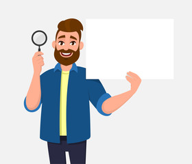 Attractive bearded young man showing/holding magnifying glass and blank/empty poster, paper or sheet in hand. Search, find, discovery, analyze, inspect, investigation concept illustration in cartoon.
