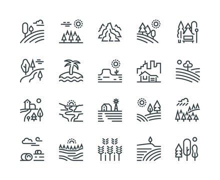 Landscape line icons. Nature park mountain hill forest trees and countryside garden, industrial megapolis cityscape vector pictograms set