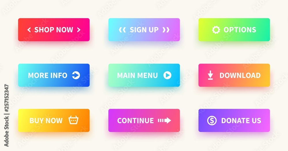 Aufkleber Gradient buttons. User interface web button, material design, ui rectangular shape, app action submit. Vector gradient buttons set