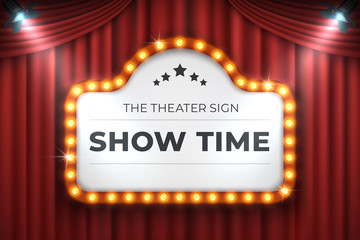 Theater cinema sign. Movie light frame, retro marquee banner on red background. Vector light bulb realistic 3D billboard