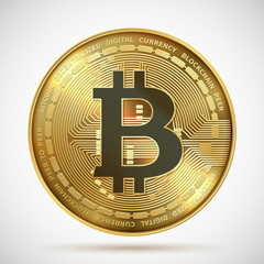 Bitcoin coin. Cryptocurrency golden money digital blockchain symbol isolated on white. Vector crypto gold coin