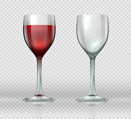 Realistic wine glasses. Transparent isolated wineglass with red wine, 3D empty glass cup for cocktails. Vector winery glasses template set
