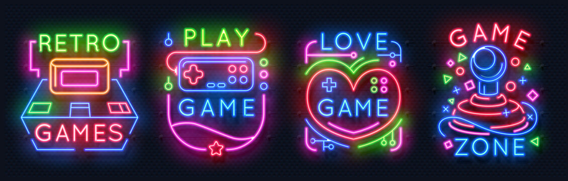 Neon game signs. Retro video games zone, player room glowing emblems, night light labels. Vector glowing neon gamer icons