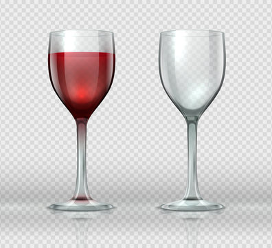 Realistic wine glasses. Transparent isolated wineglass with red wine, 3D empty glass cup for cocktails. Vector winery glasses template set