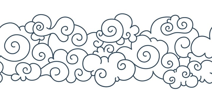 Asian cloud pattern. Chinese japanese oriental border hand drawn tibetan sky ornament elements. Vector decorative vintage curly clouds