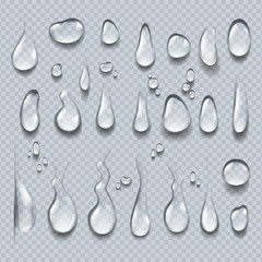 Realistic water drops. 3D transparent condensation droplets, bubble collection on clear surface. Rain drops vector set