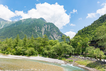 River and Summer Forest Landscape,Pathway at Kamikochi in Japan