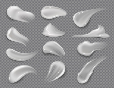 Cream Smears. Realistic White Cosmetic Gel, Creamy Toothpaste Blobs On Transparent Background. Vector Skincare Lotion Set