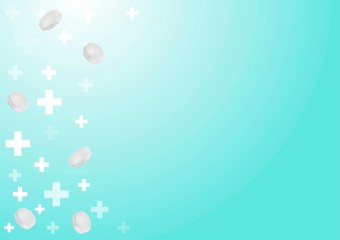 Medical background with flying pills. Painkillers, antibiotics, vitamins, amino acids, minerals, bio active additive, sports nutrition. Icons of medicament.