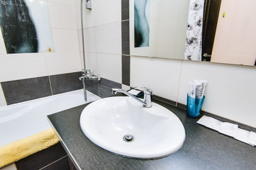 Russia, Novosibirsk - 12 December, 2017: interior room apartment. modern bathroom, sink, decor elements