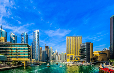 Fototapeta premium Amazing view of Dubai Marina Waterfront Skyscraper, Residential and Business Skyline in Dubai Marina, United Arab Emirates