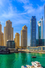 Fototapeta na wymiar Amazing view of Dubai Marina Waterfront Skyscraper, Residential and Business Skyline in Dubai Marina, United Arab Emirates