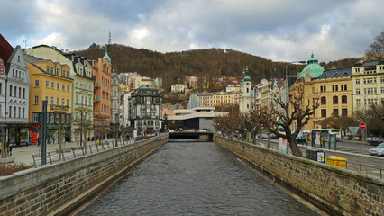 Naklejka na ściany i meble Famous spa town Karlovy Vary - promenade at winter, Czech Republic