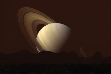 saturn back  silhouette mountain on cloud and night sky