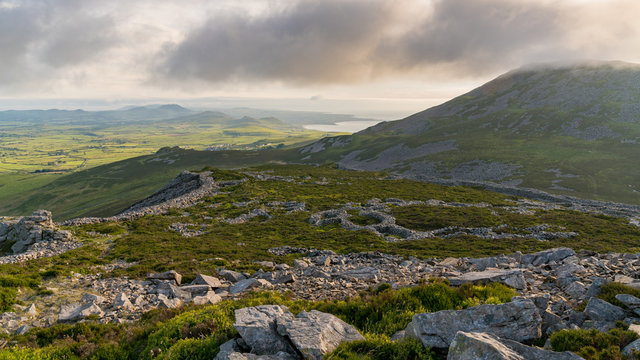 Welsh landscape on the Llyn Peninsula - view from Tre'r Ceiri, towards Yr Eifl, near Trefor, Gwynedd, Wales, UK