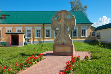 Borovichi. Worship cross at Holy Spirit Monastery on a sunny summer day