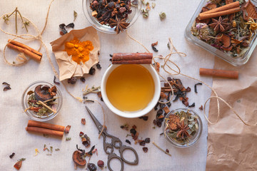 Flat lay ayuverda still life: spa aromatherapy mood, feng shui inspiration. Herbal tea, spices,...