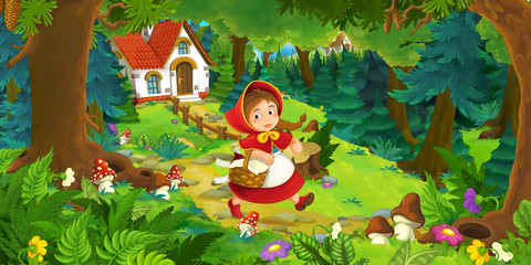 cartoon scene with beautiful rural brick house in the forest on the meadow - illustration for children