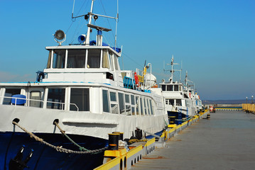 White ships are in line at the pier.