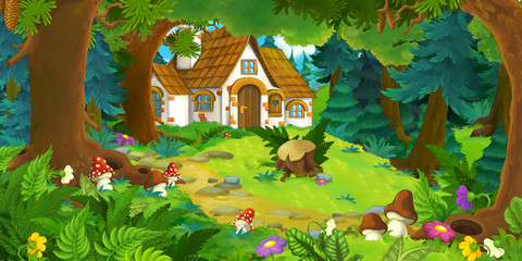 scène de dessin animé avec une belle maison en brique rurale dans la forêt sur le pré - illustration pour enfants