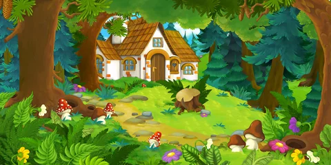 Aluminium Prints Green cartoon scene with beautiful rural brick house in the forest on the meadow - illustration for children