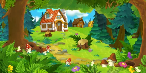 Badezimmer Foto Rückwand Cartoon-Szene mit schönem ländlichen Backsteinhaus im Wald auf der Wiese - Illustration für Kinder © agaes8080
