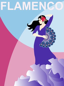 Spanish girl in a long lilac dress, the hem of which is similar to the waves of the sea, and with a fan in her hand, dancing flamenco. Beautiful poster, card.