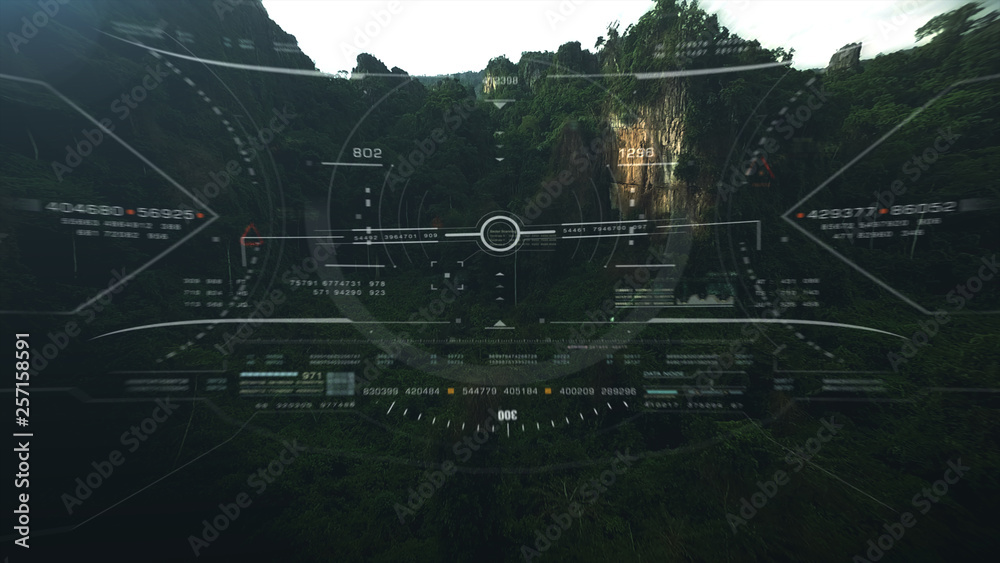 Poster Aerial view from the fighter plane's cockpit flying in the lime stone mountain canyon with head up display acquire targets and enemies location hidden in the dense mountain forest
