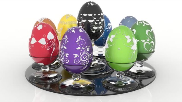 Animazione illustrazione 3D. Serie uovo di Pasqua decorato. Uova con supporto in vetro su sfondo bianco..